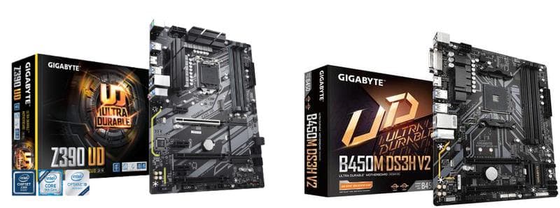 Gigabyte Z390 UD on the left and Gigabyte B450M DS3H V2 motherboard on the right.